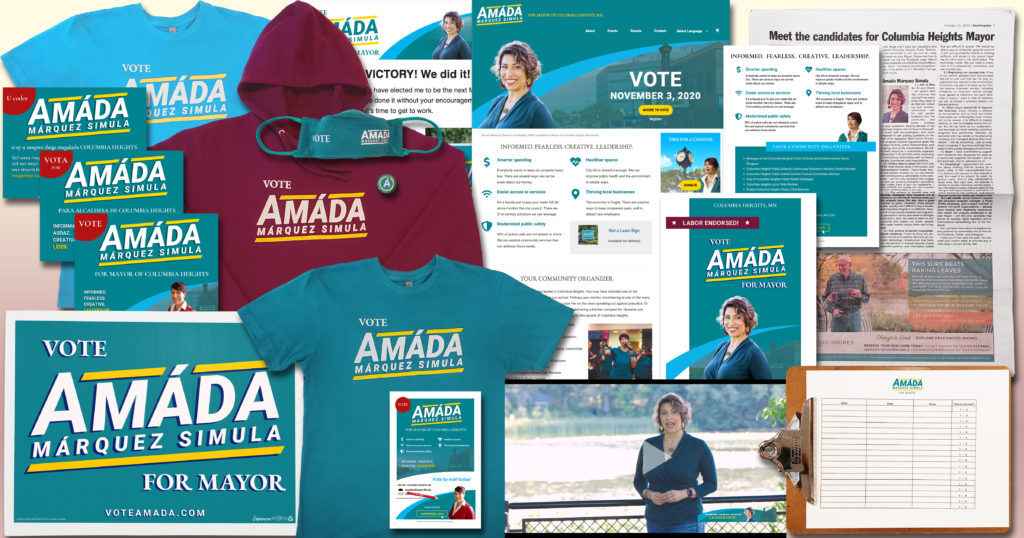 A collage of all the collateral created for the campaign of Amáda Márquez Simula, including branding, apparel, flyers, lawn signs, video advertisements, newspaper articles, websites, door hangers, newsletters, and more.
