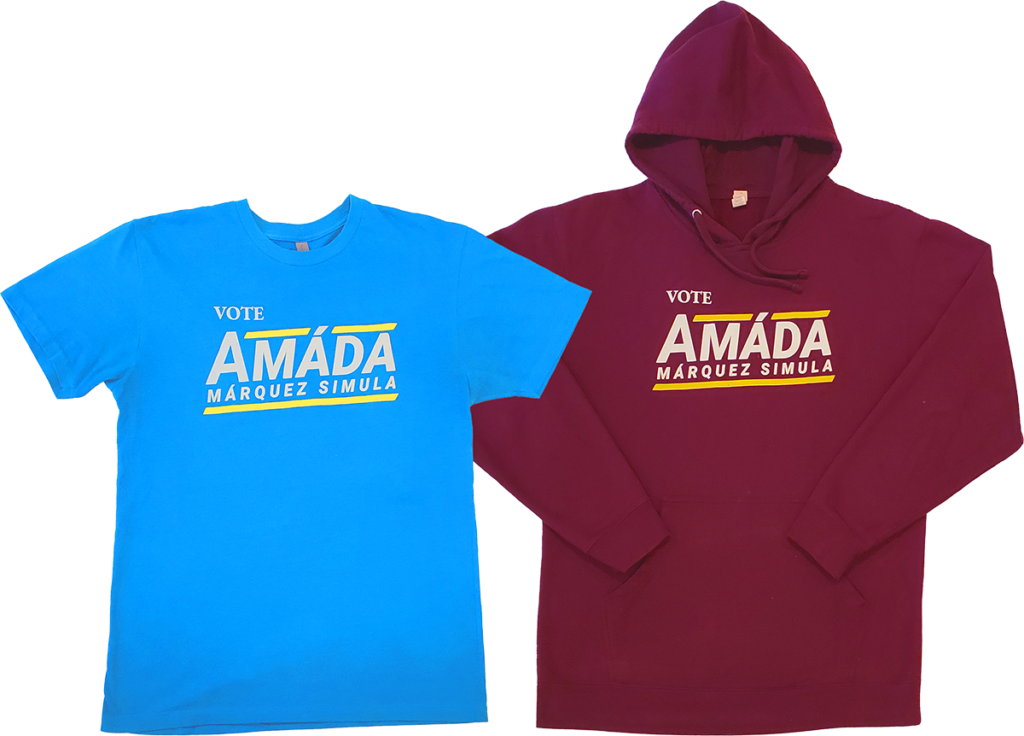 A sky blue T-shirt and a maroon hoodie were ordered from a vendor who did not carry the campaign colors.