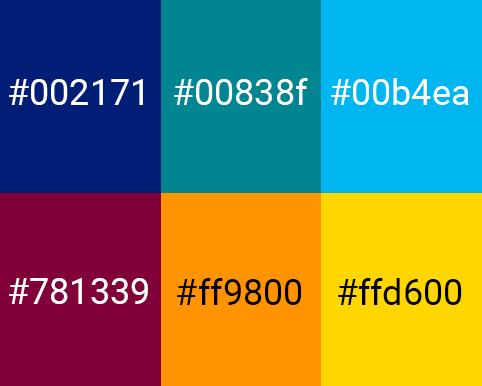 Updated branding palette, now with 6 colors including maroon and a vivid sky blue.
