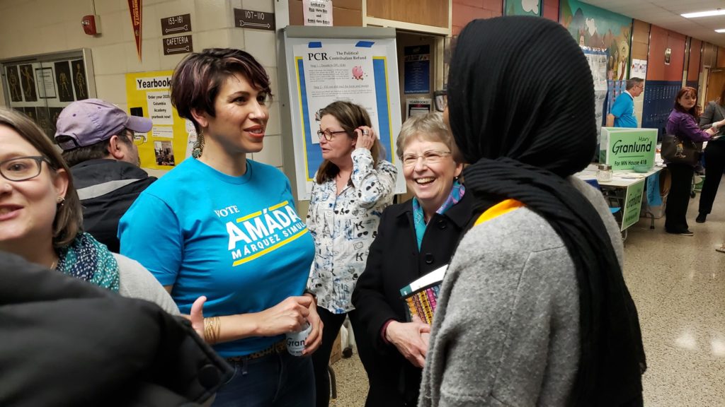 Amáda Márquez Simula speaks with residents and delegates at the Columbia Heights DFL caucus on February 25, 2020