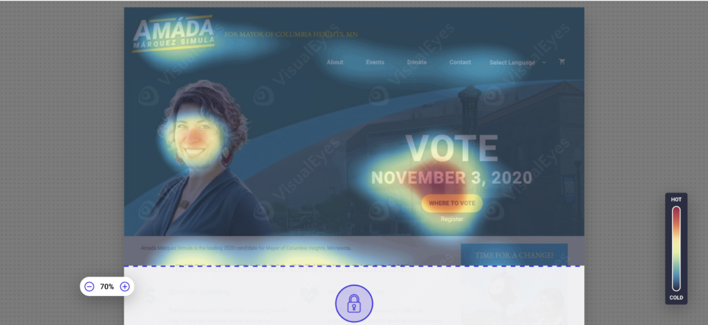 Heat map of the website showing the candidate's face, branding, and call to action are the prominent features.