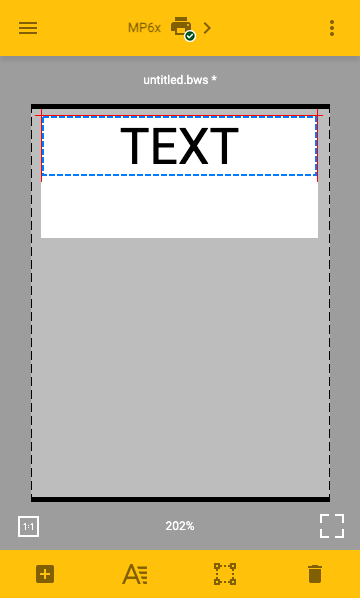 A label editor concept, showing the sample word TEXT on a label. A few controls along the bottom of the screen look like they are meant to add more objects or format the selected one.