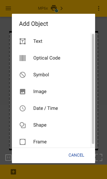 A label editor concept, showing a menu of possible objects that might be inserted into the design, including text, optical code, symbol, image, date time, shape, and frame.