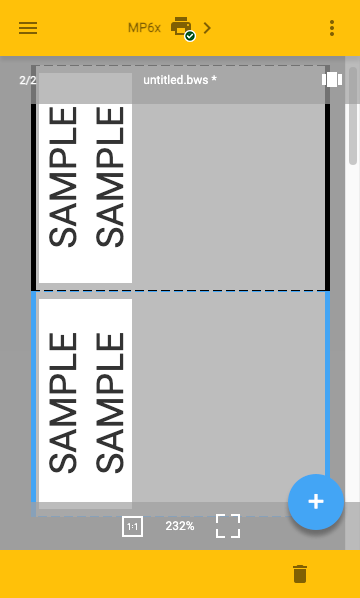 A label editor concept, showing multiple labels together on the same screen. It appears a user can scroll through all of the labels in the set, or use a large blue Plus button to add another label.