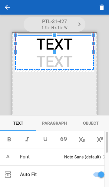 A label editor concept, showing a label with the word TEXT repeated twice. A Delete icon is shown at the top of the screen. The bottom property sheet has tabs for Text, Paragraph, and Object that contain a number of formatting controls, such as bold, italic, underline, font, and so on.