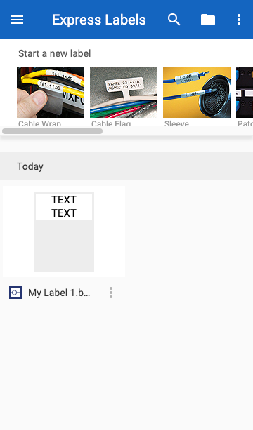 Front screen of a label editor app, showing several label types and a list of existing label files.