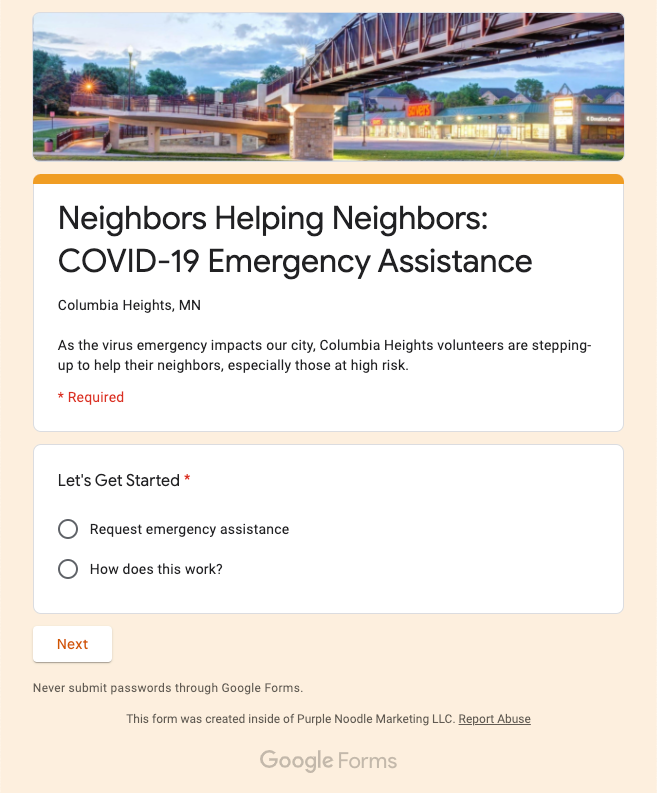 Neigbors helping Neighbors: COVID-19 Emergency Assistance Google Form