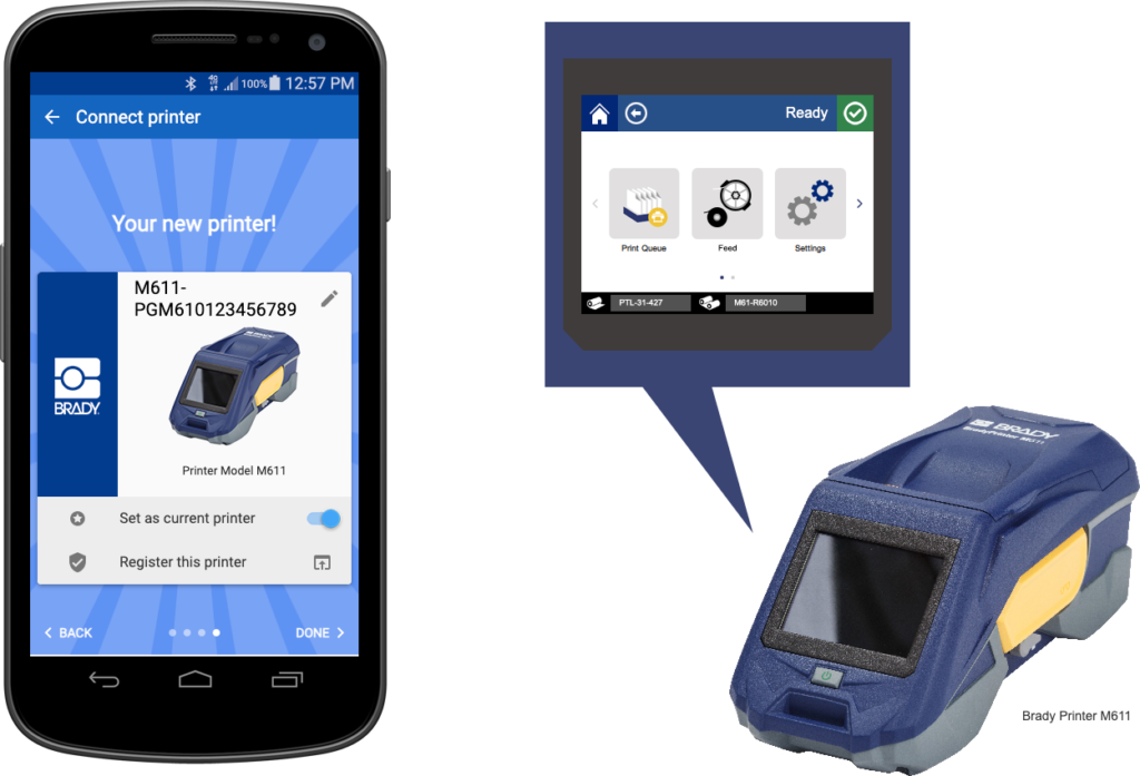 A complex simulation showing a smartphone and a portable label printer, each with their own functional UI prototypes nested inside.