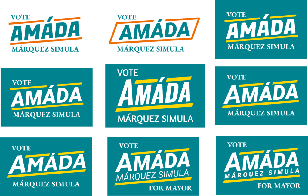 Political campaign branding concepts for Amáda Márquez Simula, using a variety of typefaces.