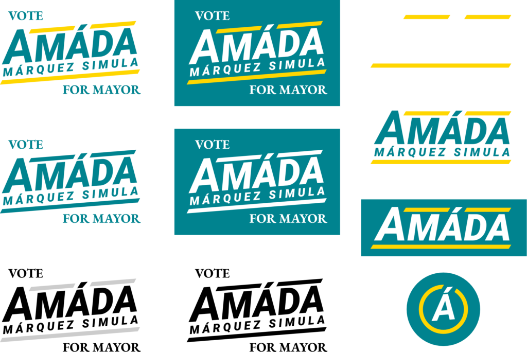 Final campaign branding for Amáda Márquez Simula in a variety of formats. A circular logo of the capital letter Á is also included.