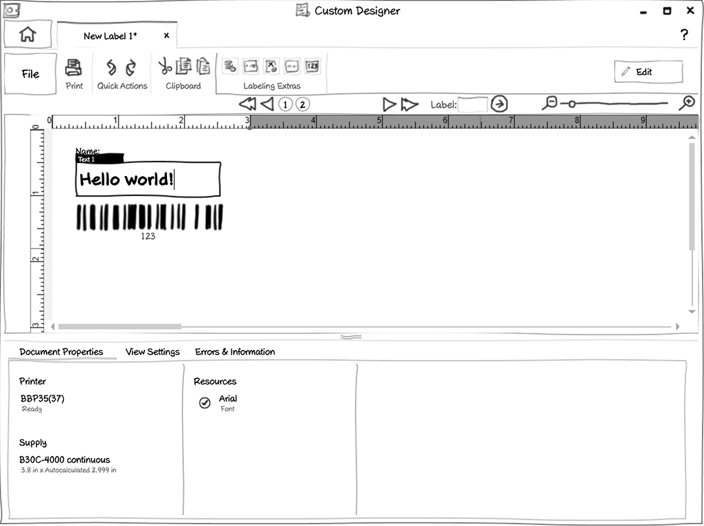 Sketch of a label design editor, showing a preview of a field where the user has entered the test data "Hello world!"