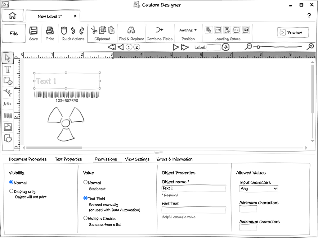 Sketch of a label design editor, showing a text field with several controls for setting permissions.
