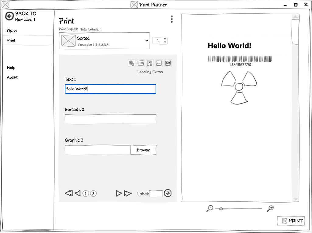 Sketch of a label design print options screen, showing field prompts. A user has entered Hello, World! as test data.