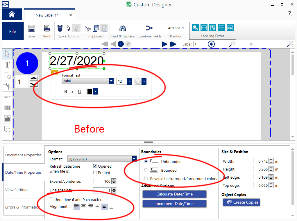 Annotated screenshot showing formatting tools in several different places around the UI.
