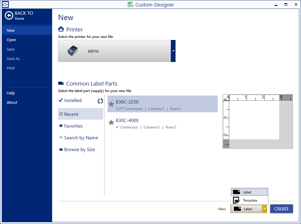 New file screen with a select list showing options for Label and Template.