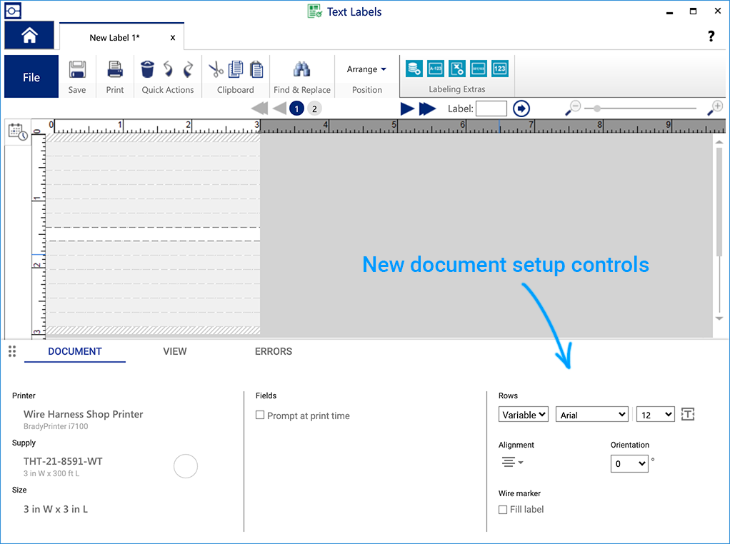 Screenshot of label design software, showing new document setup controls for text rows and other formatting.