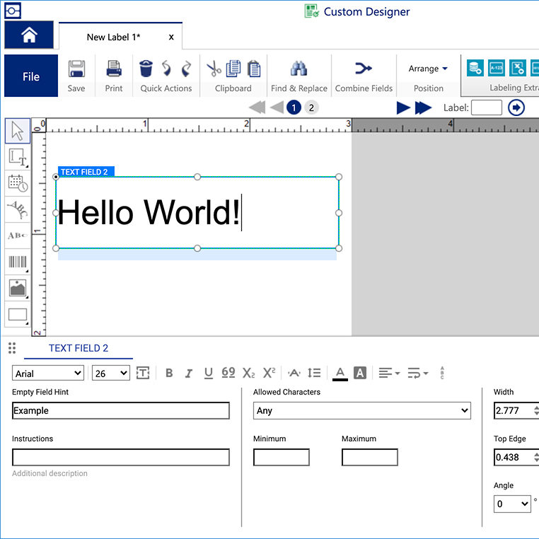 Label design editor where a user has populated a text field with the words Hello World! as test data.