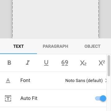A label editor concept, showing a label with the word TEXT repeated twice. A Delete icon is shown at the top of the screen. The bottom property sheet has tabs for Text, Paragraph, and Object that contain a number of formatting controls, such as bold, italic, underline, font, and so on.