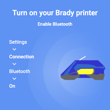 First step in a connection wizard screen for concept portable printer, showing options for Bluetooth, WiFi, and some directions instructing the user to their the printer on and enable Bluetooth by navigating to Settings, Connection, Bluetooth, On.