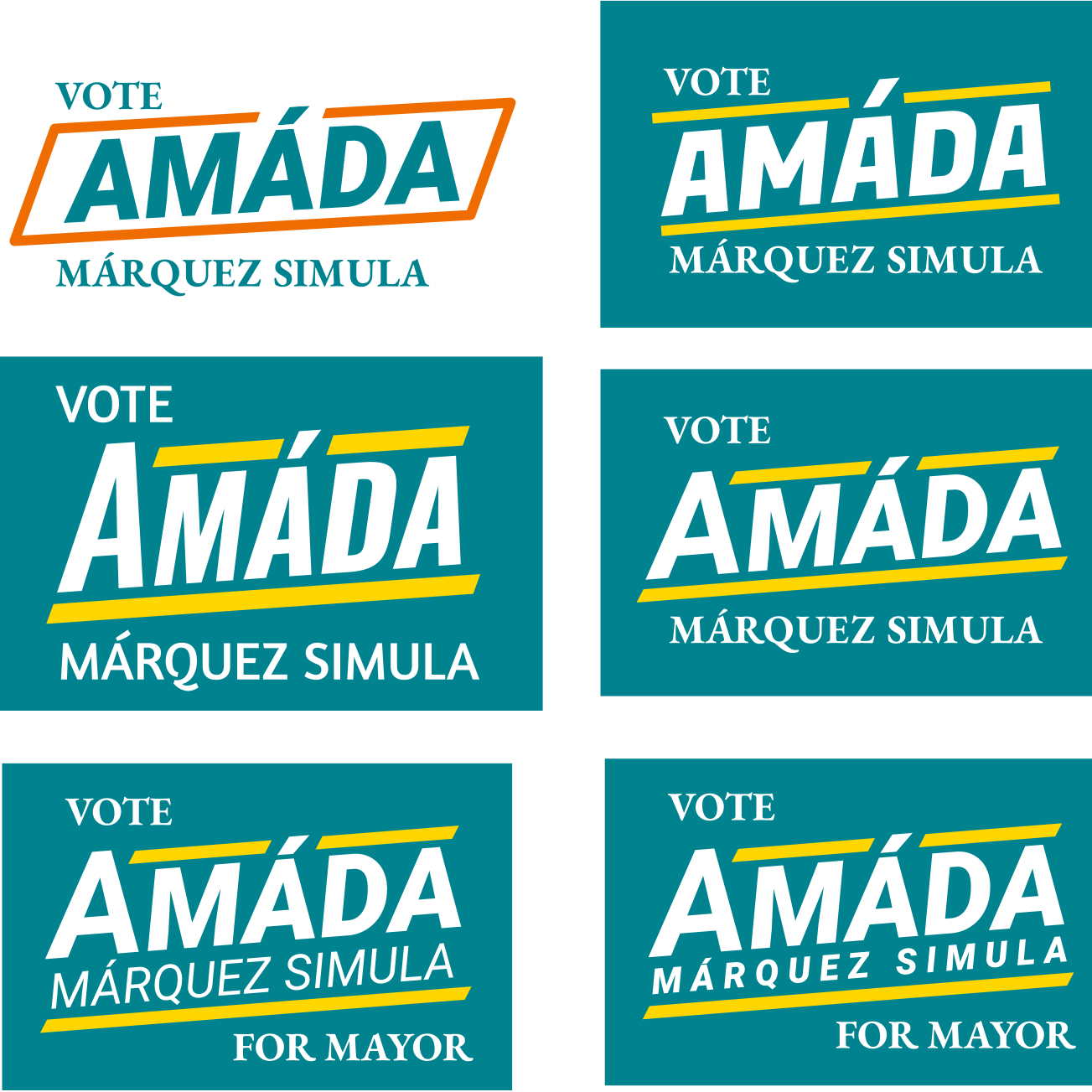 Political campaign branding concepts for Amáda Márquez Simula, using a variety of typefaces.